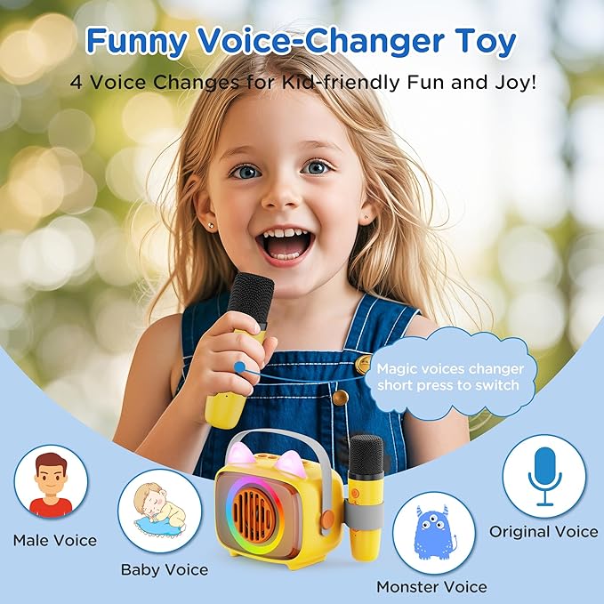 BIGASUO Karaoke Machine for Kids, Mini Portable Bluetooth Speaker with 2 Wireless Microphones and LED Lights, Kids Toys Ideal Gifts for Girls & Boys Birthday Home Party Yellow-2Pack