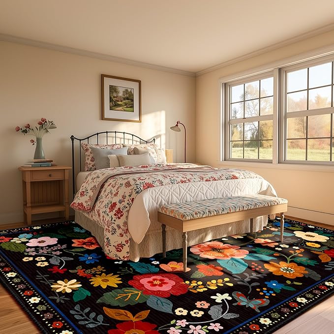 Floral 8x10 Area Rug Machine Washable Soft Print Boho Carpet Non Slip Doormat Low Pile Flower Area Rugs for Living Room Bedroom Nursery Kitchen Dining Room Indoor-Black