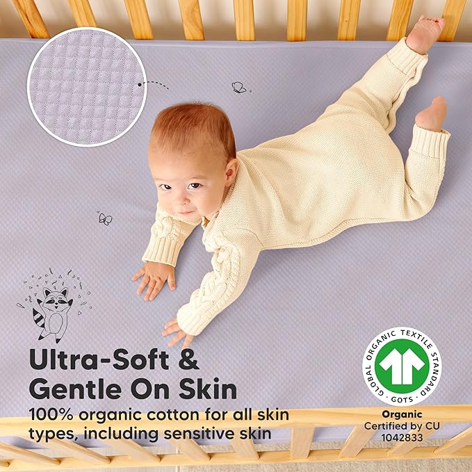 Waterproof Crib Mattress Protector Cover Fitted - 2-Pack Quiet Baby Crib Mattress Pad Sheets, 52" x 28" Soft Quilted Cotton Baby Sheet, Machine Washable, Easy Fit, Durable (Thistle/Quin)