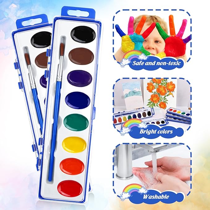 FUMILE Watercolors Paint Set Bulk,20 Pack 8 Washable Bright Colors with Paintbrush.Watercolors Paint Set Kids for Parties,Art Lessons,Birthday Party Favor,valentines for kids classroom,All Ages.