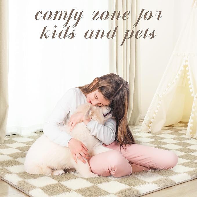 Super Soft Rug for Bedroom, 5x8 Ft Beige and White Area Rug Classic Checkered Shaggy Anti-Skid High Pile Soft Fluffy Rug Fuzzy Carpet for Living Room Bedroom Kids Room Nursery, Dorm Home Decor