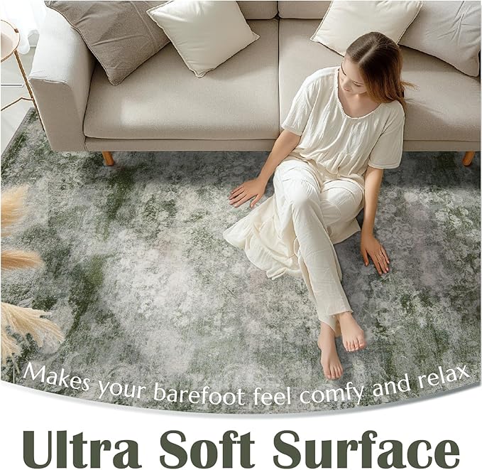 jinchan Washable Area Rug 8x10 for Living Room - Soft Faux Wool Ultra-Thin Stain Resistant Non-Slip Distressed Vintage Floral Large Carpet for Bedroom,Dining Room,Home Office,Nursery(Green, 8'x10')