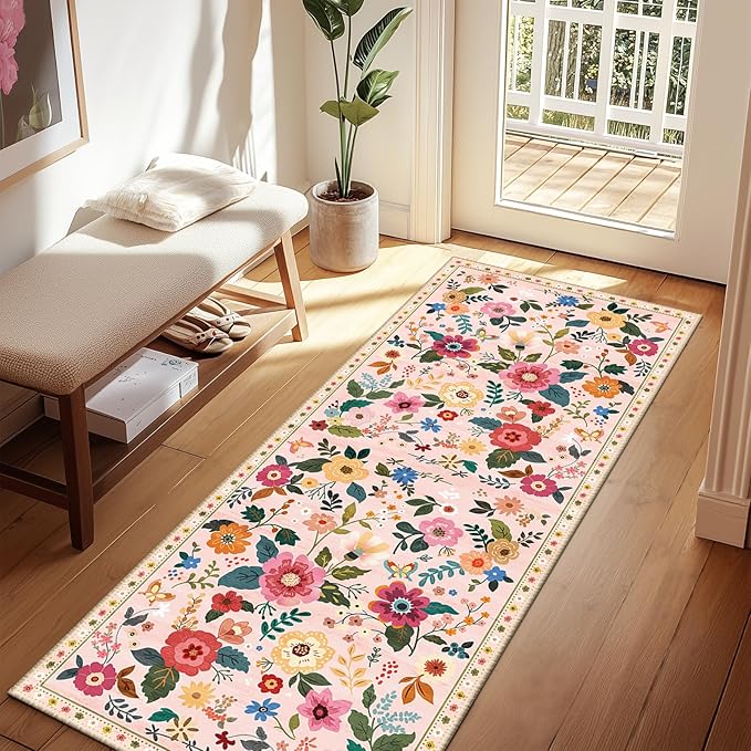 Floral 2x6 Area Rug Machine Washable Soft Print Boho Carpet Non Slip Doormat Low Pile Flower Area Rugs for Living Room Bedroom Nursery Kitchen Dining Room Indoor-Pink
