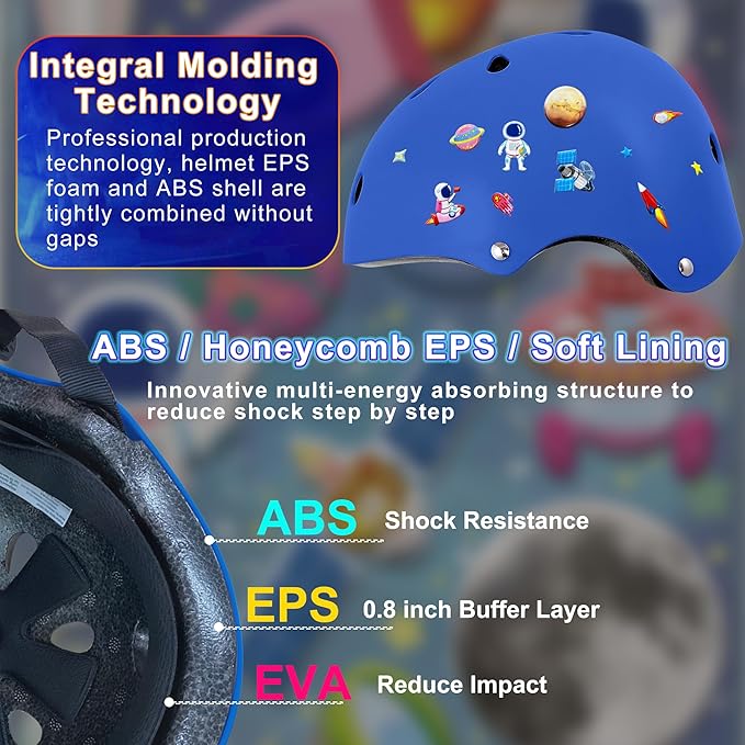 Kids Bike Helmet with DIY Stickers and Knee Pads Elbow Pads Wrist Guard Set for Ages 3-8-14 Toddler Boys Girls Helmet for Roller Skates Cycling Skateboarding Bicycle Scooter