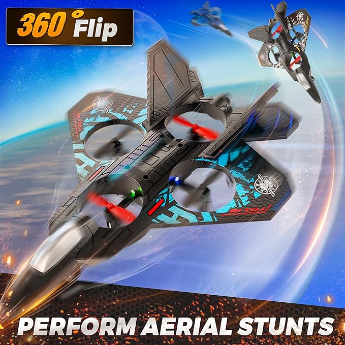 BEZGAR Drones for Kids | 2.4GHZ RC Plane, Remote Control Airplane, RC Helicopter, 360° Flip Fighter Jet Toy with Colorful LED Navigation Light Gray