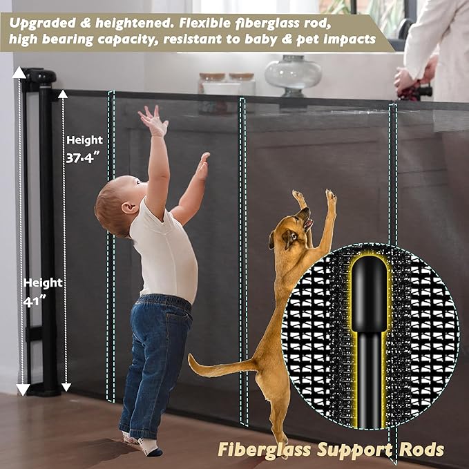 200" Retractable Baby Gates Extra Wide for Large Opening, 41" Extra Tall Retractable Dog Gate Pet Gates, Long Child Safety Mesh Gate with Fiberglass Rods for Stairs, Doorways, Hallways, Indoor/Outdoor