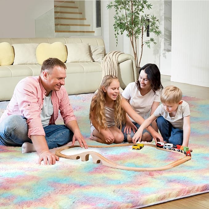 Fluffy Colorful Rug for Living Bedroom, Rainbow Fluffy Soft Plush Area Rugs for Girls Bedroom, Fuzzy Nursery Rug for Baby's Toddler's，Clorful Room Decor for Teenage, Easy-Cleaning, Non Shedding, 3X4