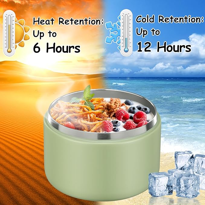 12oz Insulated Vacuum Food Jar with Buckle Lid Wide Mouth Soup Thermo for Hot Food Kids Leakproof Stainless Steel Lunch Container- Green- 1Pack