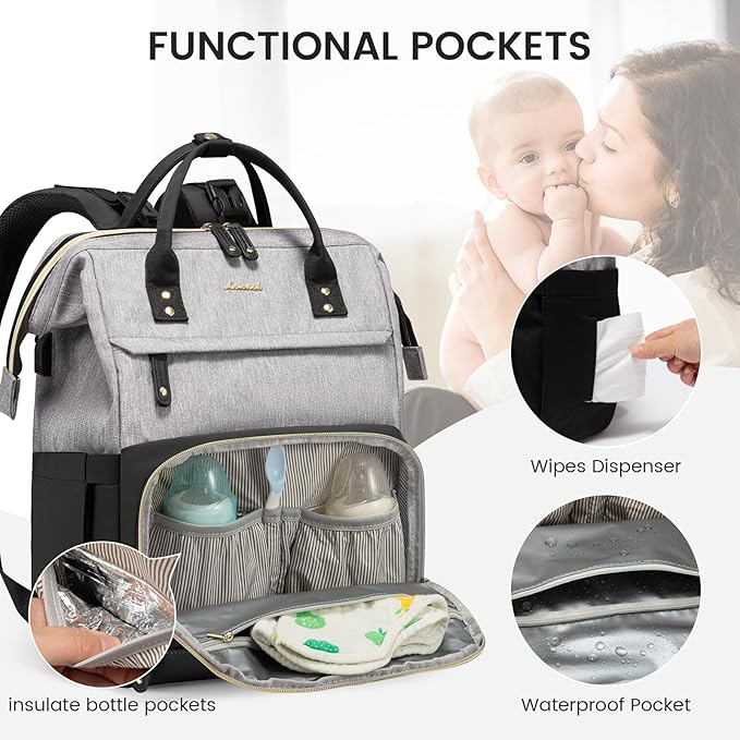 LOVEVOOK Diaper Bag Backpack, Baby Bag with Changing Station, Large Diaper Backpack for Mom Dads, Waterproof Leather Mommy Bag for Boy and Girl, Travel Essential Baby Shower, Black-Grey