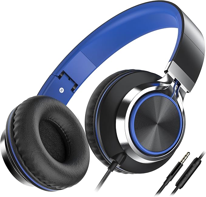 AILIHEN C8 Headphones Wired, On-Ear Kids Headphones with Microphone and Volume Control Foldable Corded Stereo 3.5mm Headset for School Teens Smartphones Chromebook Laptop Tablets Travel (Black Blue)