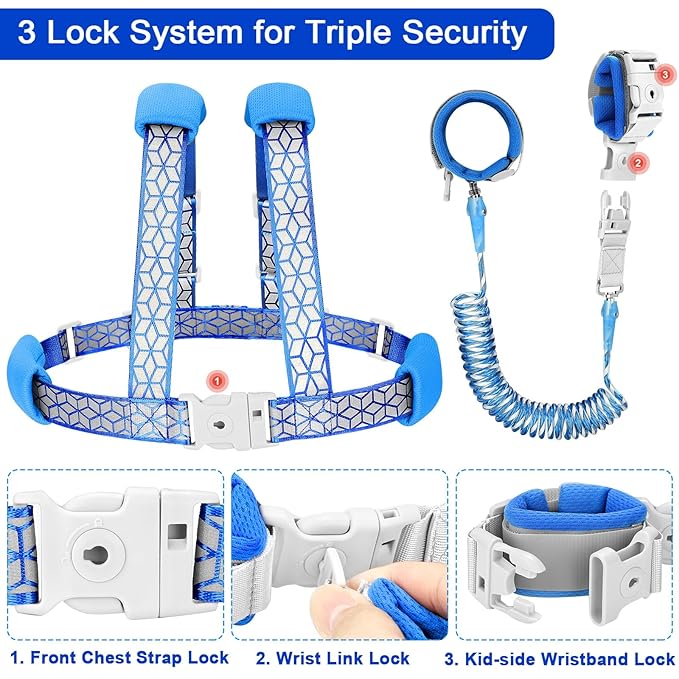 Accmor 3 in1 Toddler Harness Leash, Reflective Kid Harness with Anti Lost Wrist Link, Harness Leash for Toddlers, Child Walking Harness Kids Leash Wristband Rope Belt with Lock for Baby Boys Girls