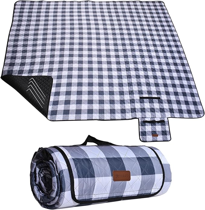 HX&OD Outdoor Picnic Blanket, Extra Large, 80''x60'' Waterproof Foldable Blankets Gingham Picnic Mat for Beach, Camping Grass Lawn Park Accessories Cute Couple Ideas Wedding (Gray, 80”x60”)