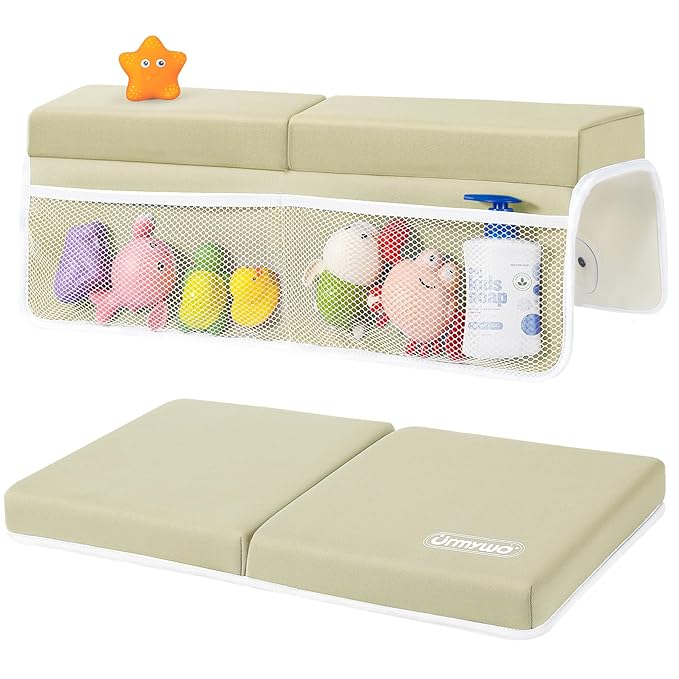 URMYWO Bath Kneeler and Elbow Rest Pad Set - 1.5" Thick Baby Bath Kneeler Pads with Toys Organizer, Anti-Slip Cozy Knee & Arm Support Bathtub Mat, Quick Dry Kneeling Pad for Baby Bath Time