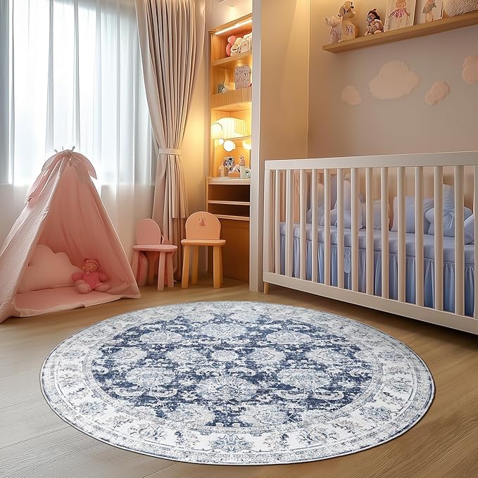 jinchan Round Rug 6ft Area Rugs Vintage Floral Distressed Design - Machine Washable Non-Slip Low-Pile Ultra-Thin Circle Rug for Entryway Bedside Living Room Dining Room Bedroom (6' Round,Dark Blue)