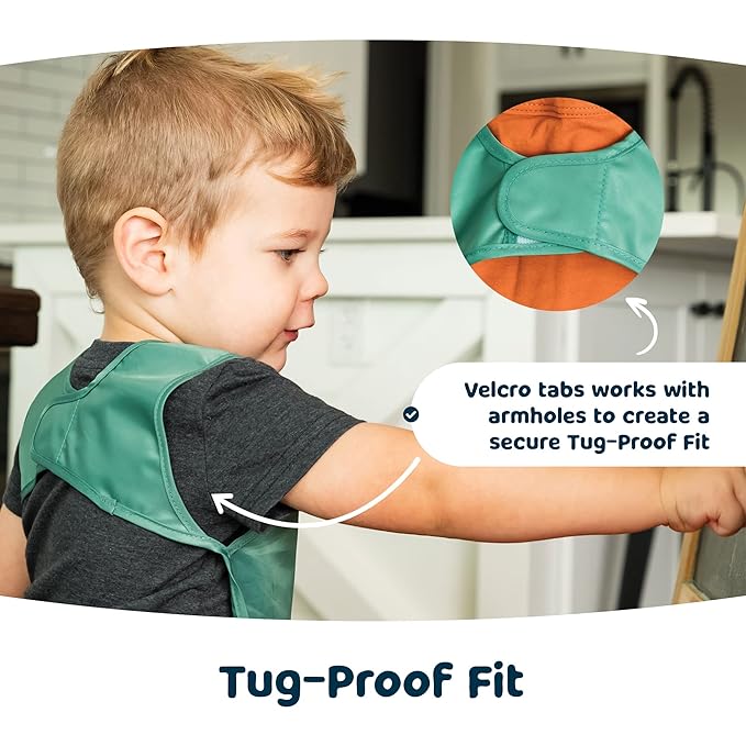 Tiny Twinkle Mess Proof Apron Bibs - 2 Pack Waterproof & Lightweight Baby Bibs for Led Weaning | 100% Recycled Polyester, Easy Clean & Machine Washable (Sage Charcoal, Large 2-4 Years)
