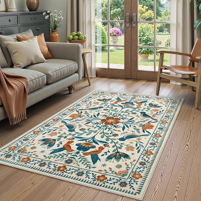 Moynesa Washable 3x5 Rug, Non Slip Kitchen Rugs Boho Bird Small Beige Living Room Area Carpet for Office Bedroom Bathroom, Indoor, Ultra Thin, Soft, Stain Resistant, Floral Entryway Mat
