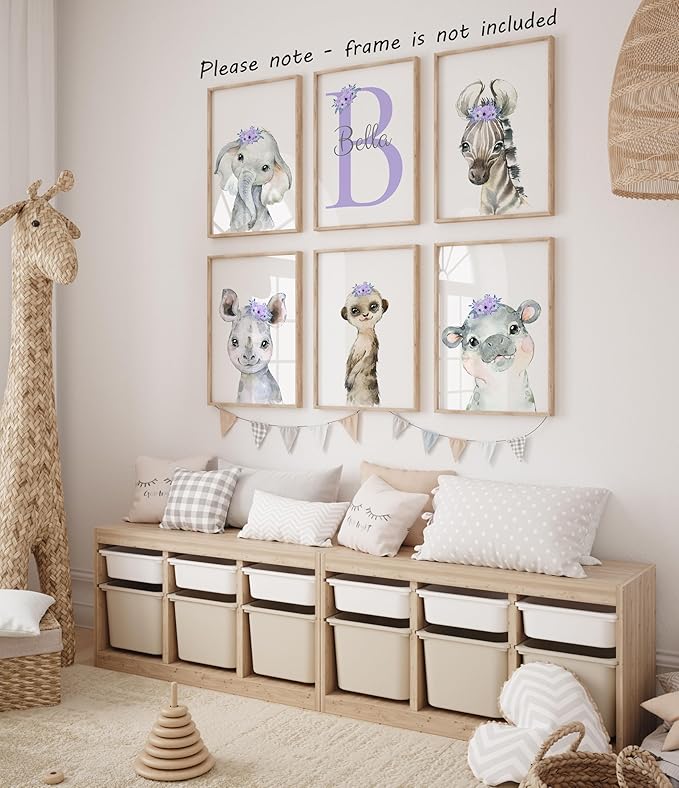Personalized Safari Animals for Baby Girls Nursery, Set of 6 Unframed Poster Prints, Personalized Name Pink Lilac Floral, Girls Bedroom Decor, Elephant Giraffe (9x12)