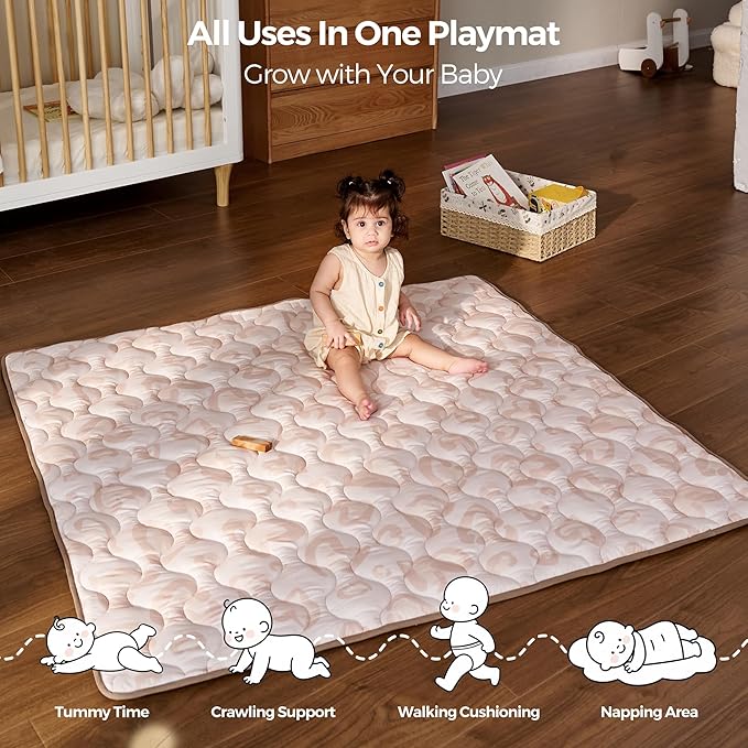 Momcozy Baby Play Mat for Floor, 50x50 Thickened Playpen Mat, Playmate for Baby Tummy Time, Waterproof & Non-Slip, Foldable Outdoor Mats with Carrying Handle, Leopard Heart