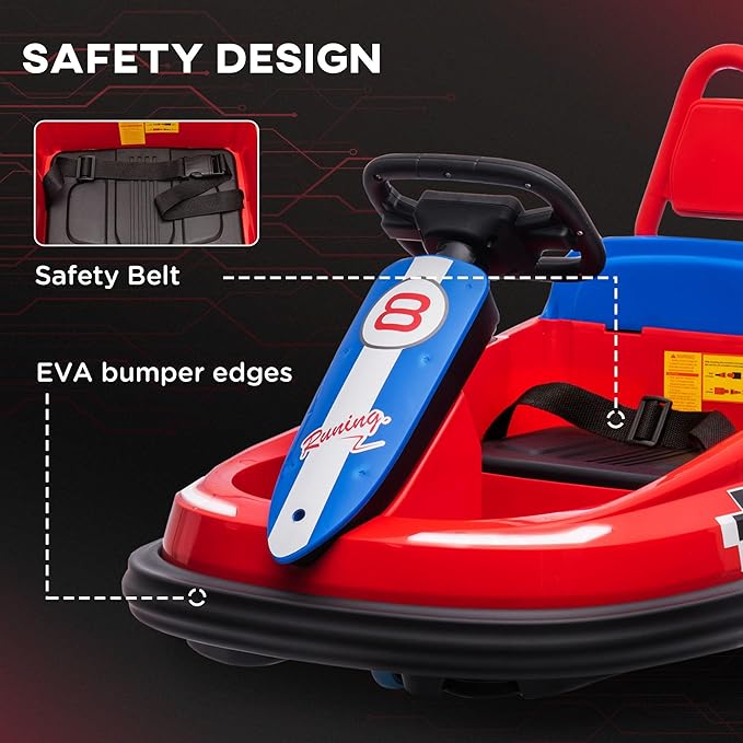 Aosom Toddler Bumper Car, 360° Rotation 6V Kids Electric Ride on Bumper Car with EVA Bumper Edges, Twins Motor, Songs, Horn, LED Lights, Safety Belt for 18-48 Months, Red
