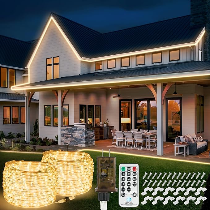 100ft 1200 LED Rope Lights Outdoor, Connectable Warm White Rope Lights Plug in, Outdoor String Lights Waterproof Decorative Lighting for Deck Patio Backyard Garden Pool Camping Room Indoor Décor