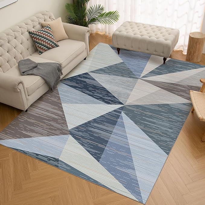 HOMFINE Washable Modern Area Rug - Geometric Style 6x9 Rugs for Living Room, Bedroom, Machine Washable Rug Soft Non Slip Non Shedding Area Rug - Blue, 6'x9'