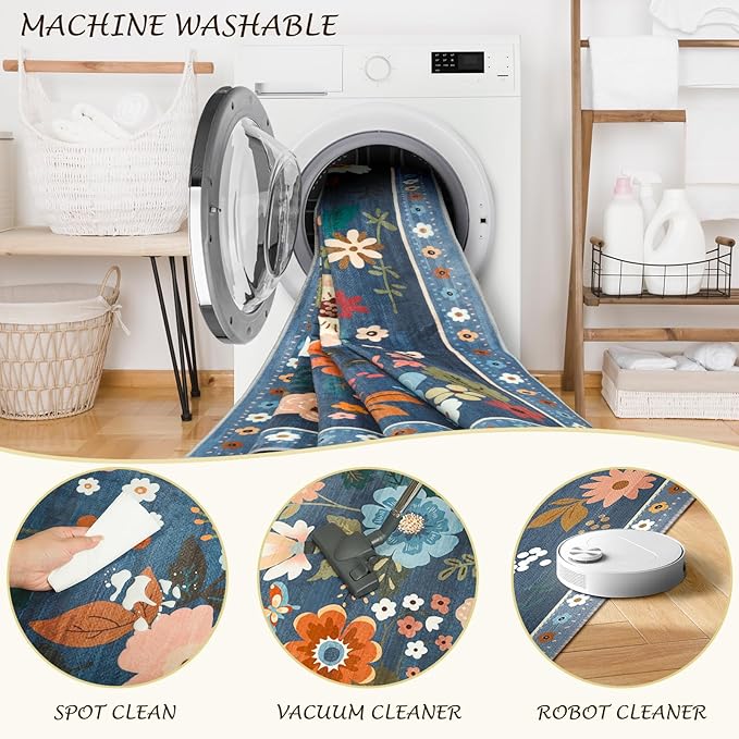 Floral 9x12 Area Rug Machine Washable Soft Print Boho Carpet Non Slip Doormat Low Pile Flower Area Rugs for Living Room Bedroom Nursery Kitchen Dining Room Indoor-Blue/Grey