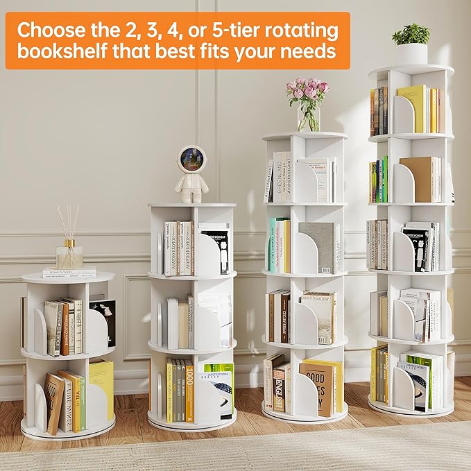Rotating Bookshelf 4 Tier, 360 Degree Spinning Corner Bookcase with Lazy Susan, White Space Saving Tower Organizer for Small Spaces, Bedroom, Living Room, Adults & Kids
