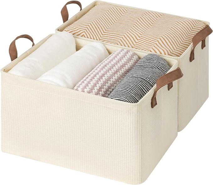 StorageWorks Storage Bins, Shelves Baskets for Organizing, Large Fabric Closet Organizers with Handles, Metal Frame, Beige（Texture）, 2-Pack
