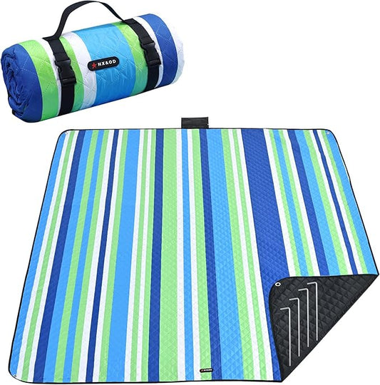 HX&OD Outdoor Picnic Blanket Extra Large, 80''*60'' Waterproof Picnic Mat with Stakes Foldable Camping Blanket Portable with Carry Strap for Beach Mat (Green& White, 80''*60'')