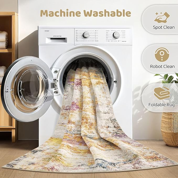 8X10 Area Rugs Living Room: Washable Large Abstract Modern Soft Stain Resistant Indoor Floor Rugs Non Slip Accent Carpet for Bedroom Nursery Playroom Office Dining Room Dorm Home House- Gold Colorful