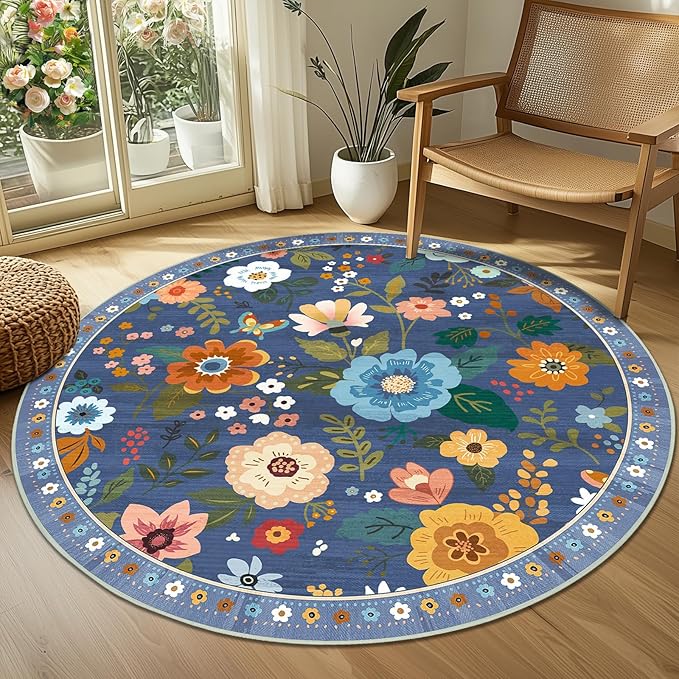 Floral 6ft Area Rug Machine Washable Soft Print Boho Carpet Non Slip Doormat Low Pile Flower Area Rugs for Living Room Bedroom Nursery Kitchen Dining Room Indoor-Blue/Grey