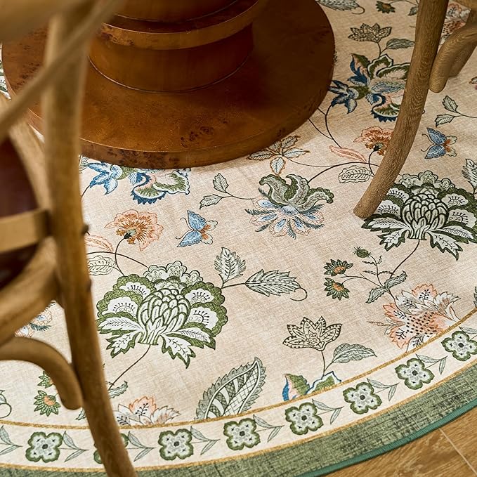 jinchan 5ft Floral Round Rug for Entryway Washable Kitchen Rug Vintage Romance Design Non Slip Indoor Doormat Lightweight Low-Profile Throw Carpet for Living Room Dining Room Bedroom, Green/Beige