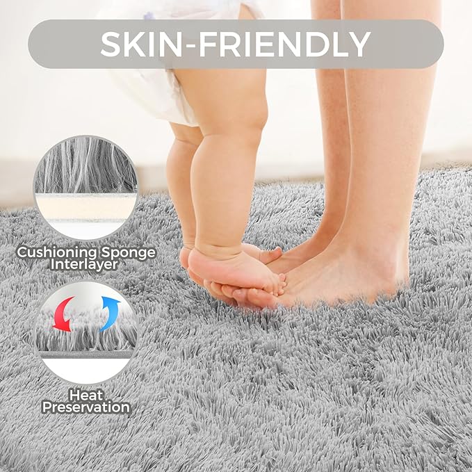 Ultra Soft Rug for Living Room, 9X12 Fluffy Shag Area Rug for Bedroom, Modern Shaggy Carpets Fuzzy Rug for Teens Dorm Nursery Home Decor Aesthetic, Upgrade Anti-Skid Durable, Light Grey