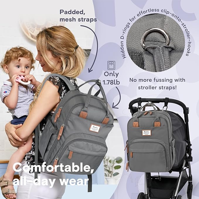 RUVALINO Diaper Bag Backpack, Multifunction Travel Back Pack Maternity Baby Changing Bags, Large Capacity, Waterproof and Stylish, Iron Gray