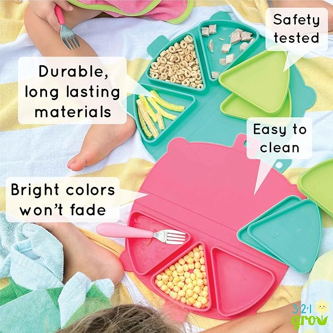On-The-Go Snack Mat – Baby Silicone Travel Dining Placemat – Portable Silicone Toddler Plate – Reusable Snack Container with 3 Compartments and Lids for 6 Months + (Watermelon)