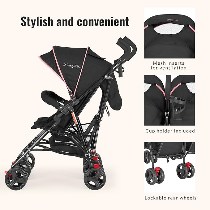 Dream On Me Volgo Twin Umbrella Stroller in Pink, Lightweight Double Stroller for Infant & Toddler, Compact Easy Fold, Large Storage Basket, Large and Adjustable Canopy