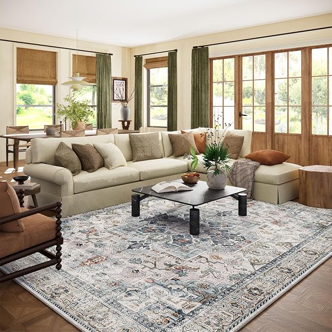 10x14 Area Rugs for Living Room: Washable Bedroom Rug Boho Vintage Rugs Stain Resistant Non Slip Low Pile Soft Lightweight Carpet for Kitchen Dining Room Farmhouse Nursery Kids Room Home Office