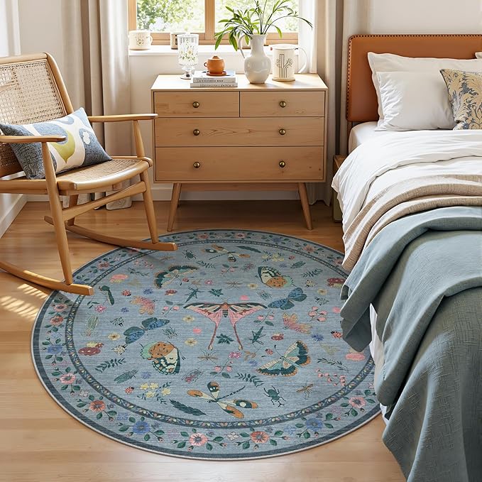 4ft Washable Round Rug - Bug Rugs for Living Room Non-Slip Low Pile Soft Ultra-Thin Machine Washable Circle Carpet for Bedroom, Entryway, Nursery, Kitchen, Home Office (4' Round Blue)