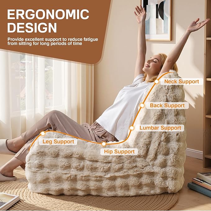 Modern Bean Bag Chair, Large Bean Bag Couch for Adults with Memory Foam Filled, Soft Faux Bunny Fur Lazy Chair for Living Room Bedroom Dorm Apartment, No Assembly Required, Beige