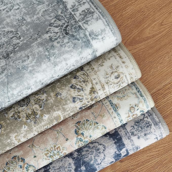 jinchan Runner Rug 2x6 Washable Hallway Runner - Vintage Floral Non Slip Low-Pile Soft Thin Kitchen Rug Distressed Carpet for Farmhouse Bedroom Entryway Laundry Room(2x6ft,Dark Blue)