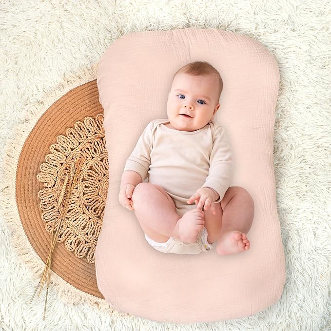 Hooyax Baby Lounger Cover 2 Pack - 100% Muslin Cotton Newborn Lounger Pillow Covers Only, Soft Breathable Infant Lounger Cover with Reinforced Stitching, Fits Most Standard Baby Loungers (Pink Floral)