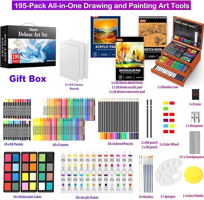 iBayam Deluxe Art Set, 195-Pack Artist Gift Box, Arts and Crafts Drawing Painting Kit Art Supplies for Adults Kids, Art Kits Paint Set with 24 Acrylic Paint, Sketchbook, Canvases, Crayons, Pencils