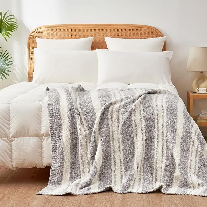 Snuggle Sac Grey Stripe Knitted Throw Blanket for Couch, Reversible Super Soft Warm Blankets Cozy Knit Fuzzy Plush Lightweight Throws for Sofa, Bed, Stripe Grey, 50 x 60 inches