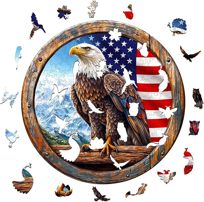 KAAYEE Wooden Puzzles for Adults, 3D Vision Effect Bald Eagle Wooden Jigsaw Puzzle Unique Shape Wood Puzzle Adult, Flat Puzzle Birthday Fathers Family Game (S-8.5 * 8.5in-100pcs)