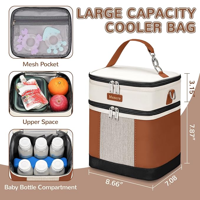 Mancro Breast milk Cooler Travel Bag Fits 6 Bottles Up to 9 Ounces，Double Layer Baby Bottle Cooler Bag with Ice Pack，Insulated Baby Bottle Bags for Daycare & Nursing Moms,Black and Brown