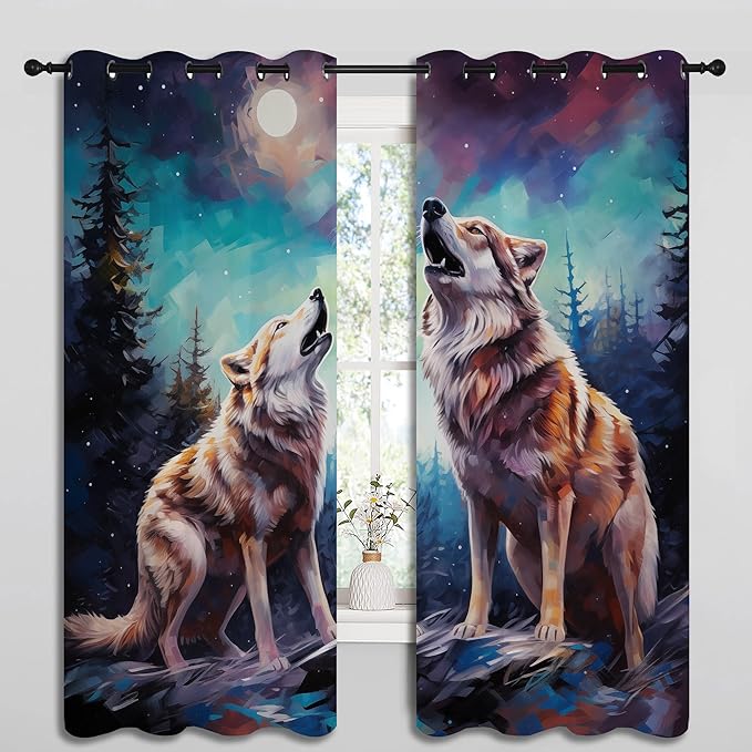 Wildlife Blackout Curtains for Boys Girl Bedroom Decor,Fantasy Starry Full Moon Wolf Howling Thermal Insulated Grommet Drapes Darkening Window Curtain for Living Room Home 55x63 inch