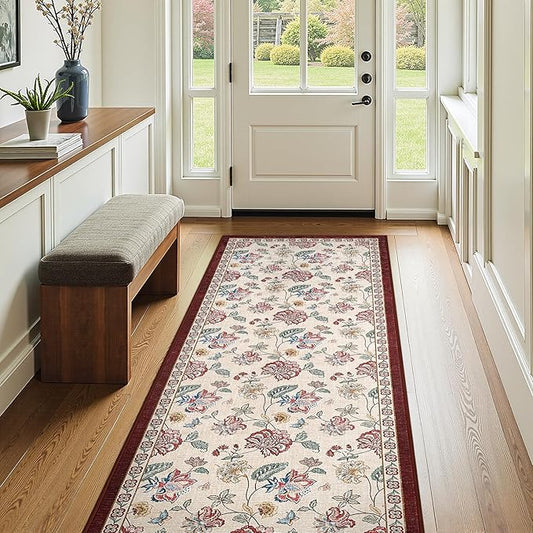 jinchan 3x8 Floral Runner Rug for Hallway Washable Kitchen Runner Vintage Romance Design Non Slip Thin Indoor Floor Cover Low-Profile Throw Carpet for Entryway Bathroom Bedroom Porch, Red/Beige