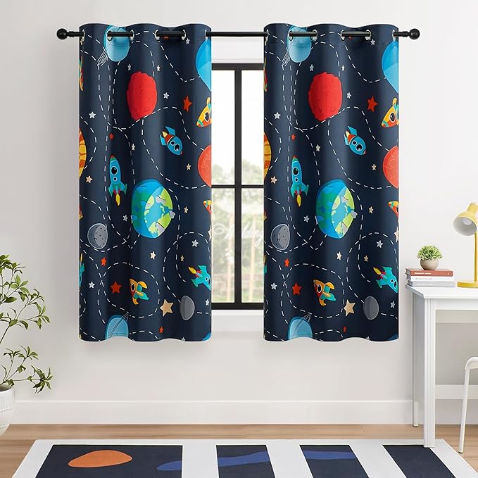 Kids Space Themed Blackout Curtains - 100% Blackout, Perfect for Bedroom and Nursery with Vibrant Cosmos Patterns, Noise Reduction, Thermal Insulated, 2 Panels (Space, W42×L63)