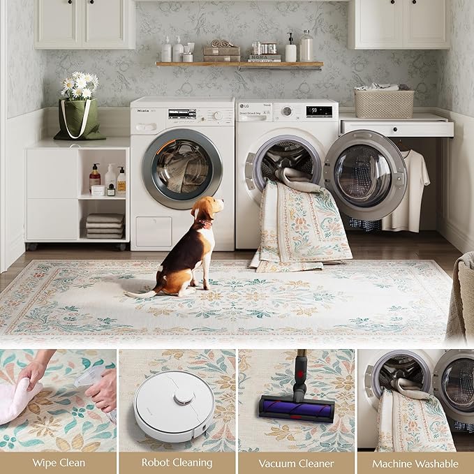 jinchan Spring Floral 2x3 Rugs for Entryway - Vintage Washable Area Rug Ultra-Thin Low Pile Soft Small Non Slip Distressed Indoor Doormat Accent for Entrance Kitchen Bedroom (2x3ft,Apricot Multi)