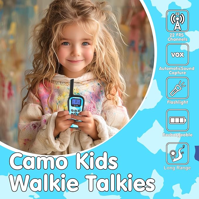 Qniglo Rechargeable Walkie Talkies for Kids with USB Charger, 22 Channels Walkie-Talkies with Lanyard, Camo Toys Gifts 4 Pack Walky Talky for Camping Hiking Family Games, for Age 3 4 5-12 Boys Girls